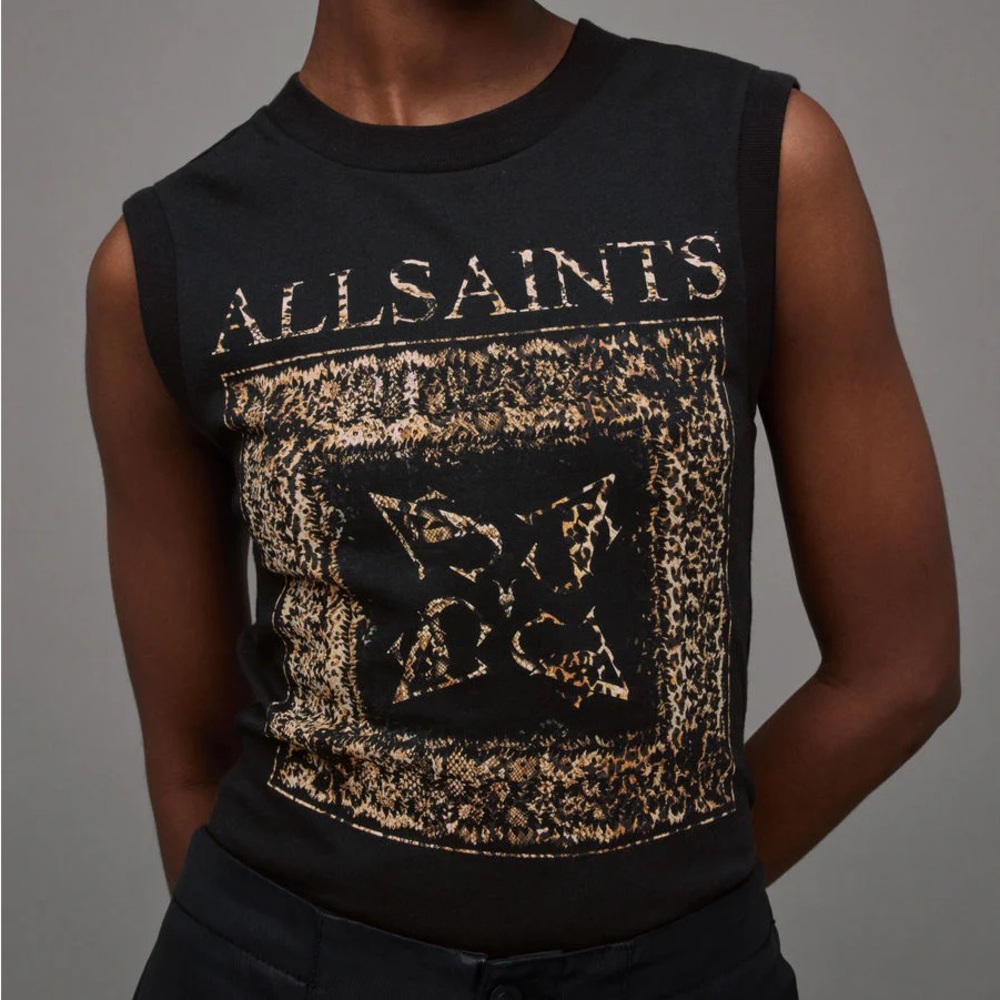 All Saints Black and Gold Graphic Tank